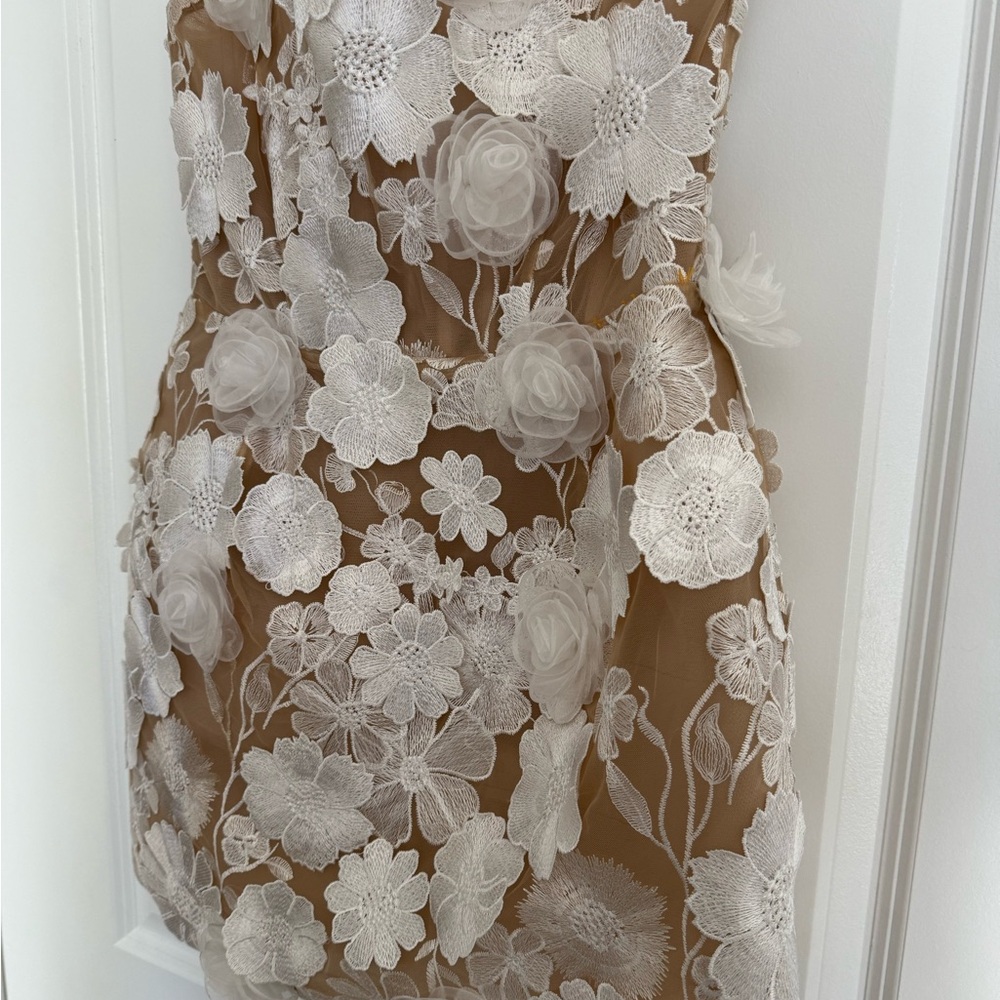 Bronx and Banco Floral Lace Mini Dress in White and Tan